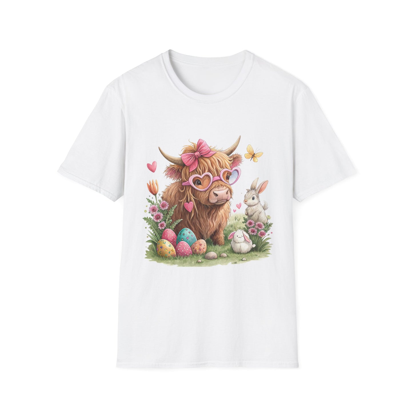 Easter Highland Cow T‑Shirt — Cute Spring Cow with Bunny & Eggs