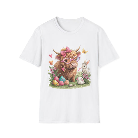 Easter Highland Cow T‑Shirt — Cute Spring Cow with Bunny & Eggs